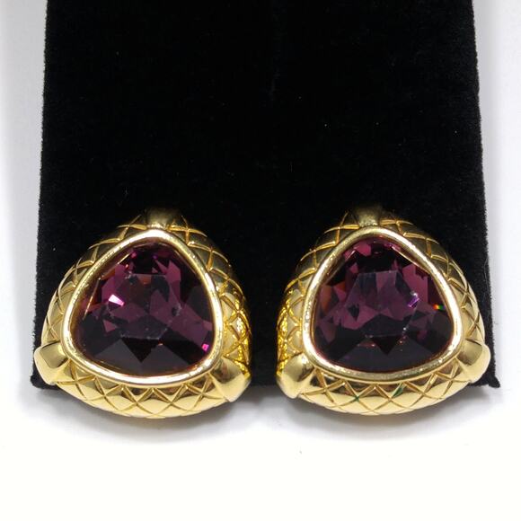 Vintage Swarovski Purple Crystal Earrings, Gold Plated, Swan Logo - Picture 2 of 10